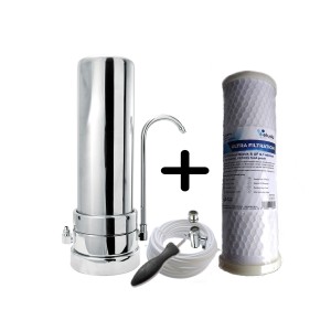 Chrome -1 Veluda Countertop Filter 10'' 3/8'' with Replacement Filter 10'' UF & Solid Veluda Activated Carbon 0.01 µm